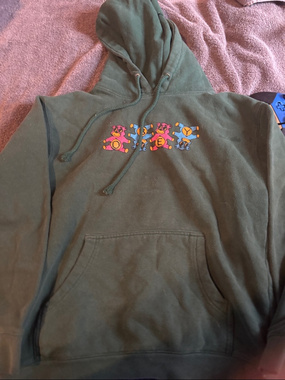 Empyre Olive Green Crewneck Hoodie with Colorful Bear Graphic